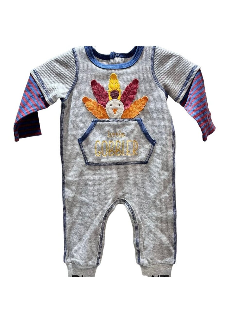 Mud Pie 3m 6m NWOT Thanksgiving turkey Gobble romper waffle weave embroidery